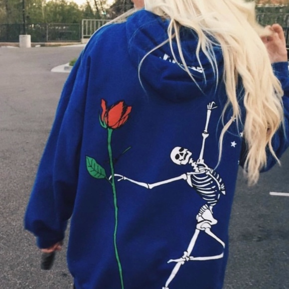 skeleton in blue hoodie